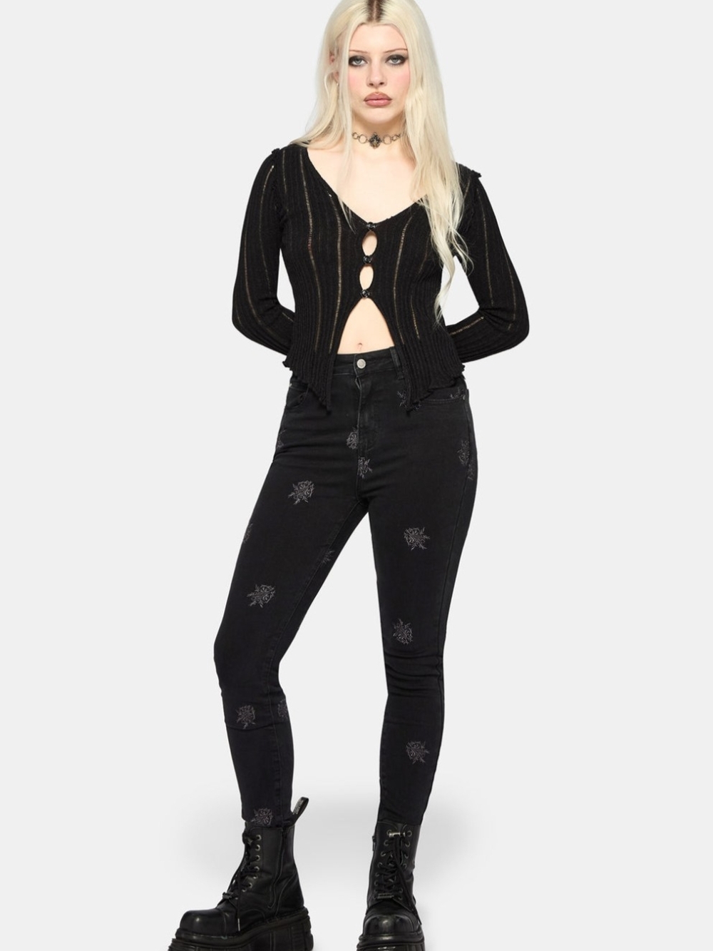 Disturbia Selin Embroidered Skinny Jeans W36 US 14 Black